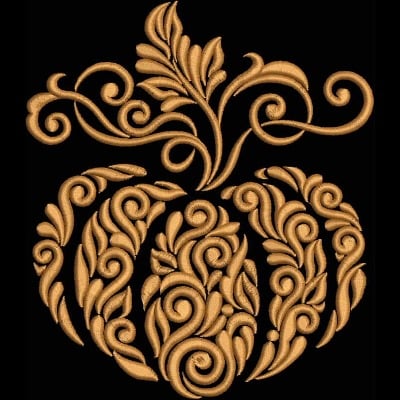 An embroidery design of an ornate pumpkin adorned with swirls and leaves in a golden thread.