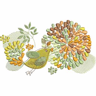 An embroidery design of a vibrant bird surrounded by an array of colorful leaves and floral shapes.