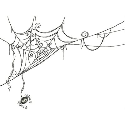 An embroidery design of a delicate spider web with intricate patterns and a small spider hanging from it.