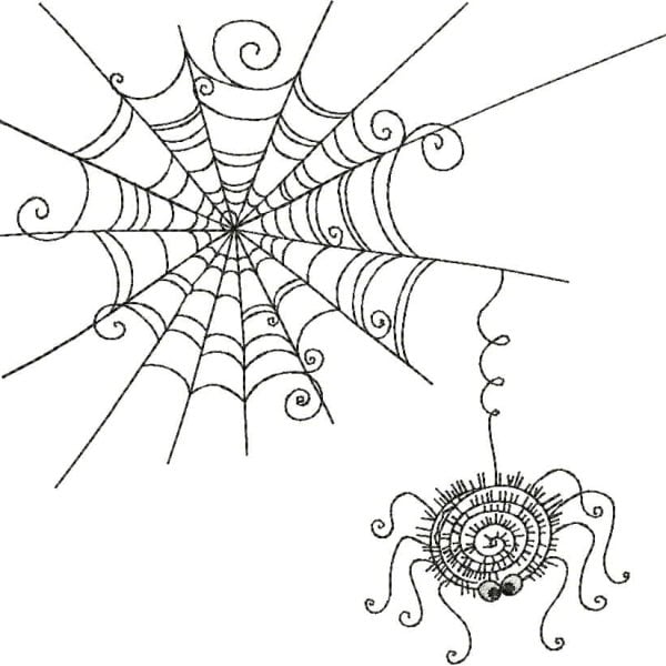 An embroidery design of a whimsical spider hanging from a decorative web featuring curlicues and intricate lines.