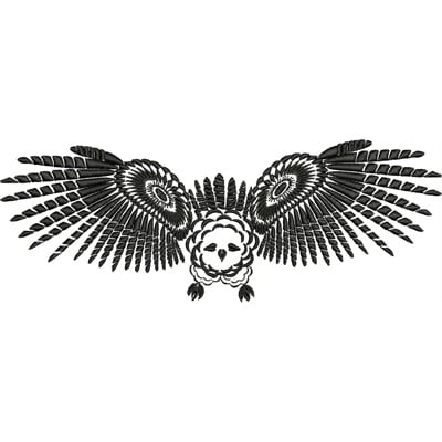 An embroidery design of a majestic owl with outstretched wings, featuring intricate feather details and a floral motif at its center.