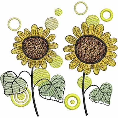 An embroidery design of two blooming sunflowers with intricate yellow petals, brown centers, and green leaves.