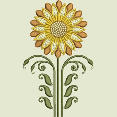 An embroidery design of a vibrant sunflower with layered petals and intricate green leaves.