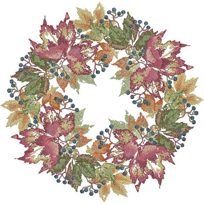 An embroidery design of a circular wreath featuring intricately stitched leaves in various autumn hues and blue berries.