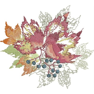 An embroidery design of vibrant leaves in shades of orange, red, and green, accented with clusters of blue berries.