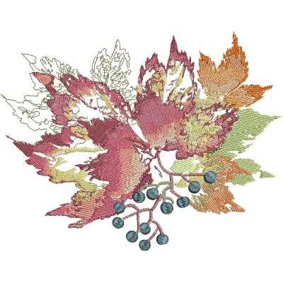 An embroidery design of colorful autumn leaves accompanied by small blue berries.