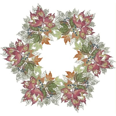 An embroidery design of a circular arrangement of vibrant autumn leaves and foliage in shades of red, green, and orange.
