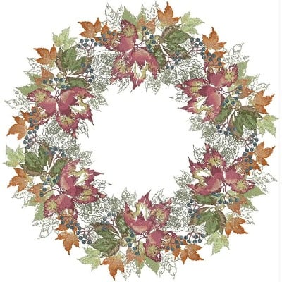 An embroidery design of a circular wreath featuring vibrant leaves in shades of red, green, and orange, accented with delicate berries and intricate detailing.
