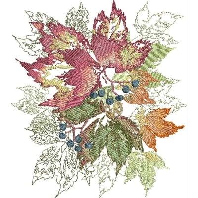 An embroidery design of vibrant multicolored leaves with blue berries, showcasing detailed stitching and a naturalistic flair.