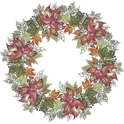 An embroidery design of a circular wreath made up of vibrant autumn leaves and berries, featuring shades of red, green, and orange.