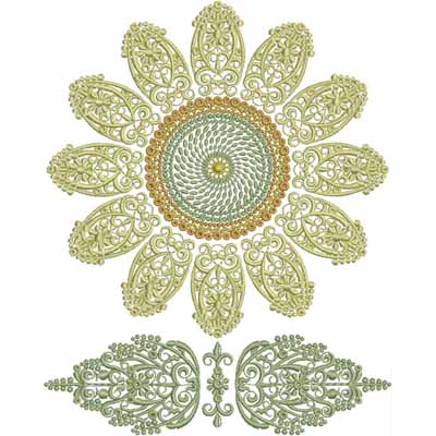 An embroidery design of an intricate floral motif featuring a central spiral with ornate petals and decorative elements in shades of green and gold.