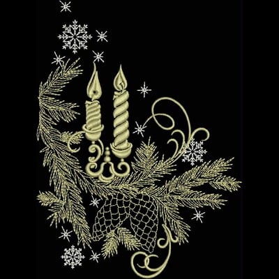 An embroidery design of two elegant candles surrounded by pine branches, cones, and delicate snowflakes.