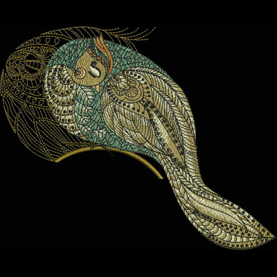 An embroidery design of a stylized bird featuring intricate line work and vibrant colors.