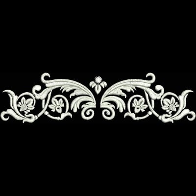 An embroidery design of intricate floral motifs and elegant swirls, creating a symmetrical and decorative pattern.
