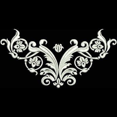 An embroidery design of intricate floral motifs and elegant swirling vines, featuring delicate detailing and a symmetrical arrangement.