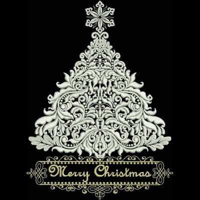 An embroidery design of an intricate Christmas tree adorned with ornate vines and a decorative star, featuring the text "Merry Christmas" at its base.