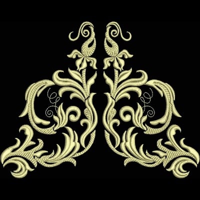 An embroidery design of intricate floral motifs and elegant scrollwork featuring two stylized bird figures.