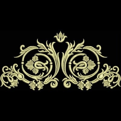 An embroidery design of intricate floral motifs entwined in elegant swirls and curves.