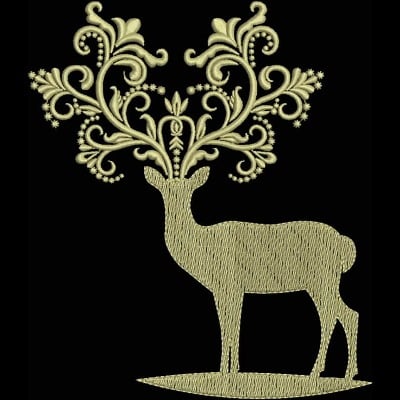An embroidery design of a stylized deer with intricate, swirling antlers adorned with floral motifs.