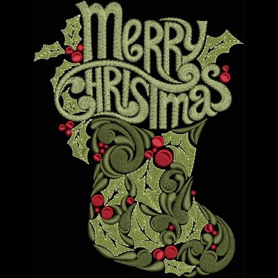 An embroidery design of a festive green Christmas stocking adorned with swirls, holly leaves, and vibrant red berries, featuring the phrase "Merry Christmas" in a decorative font.