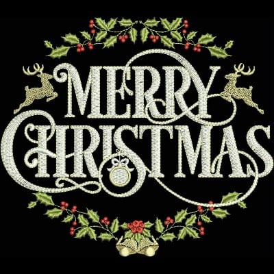An embroidery design of the phrase "Merry Christmas" surrounded by festive holly, decorative accents, and reindeer.