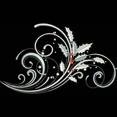 An embroidery design of elegant swirls intertwined with holly leaves and red berries, creating a festive and decorative motif.