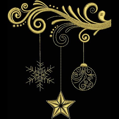 An embroidery design of an elegant swirling vine adorned with a snowflake, a decorative ball, and a star hanging below.
