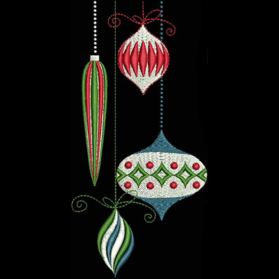 An embroidery design of festive Christmas ornaments featuring various shapes and colors, including red, green, and white accents.