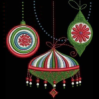 An embroidery design of three festive ornaments featuring intricate patterns and vibrant colors, including a round ornament, a pointed ornament, and a decorative cap with dangling beads.