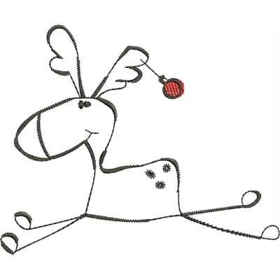 An embroidery design of a playful reindeer holding a red ornament with a cheerful expression.