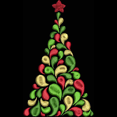 An embroidery design of a stylized Christmas tree made up of colorful, flowing leaf shapes in red, green, and yellow, topped with a star.