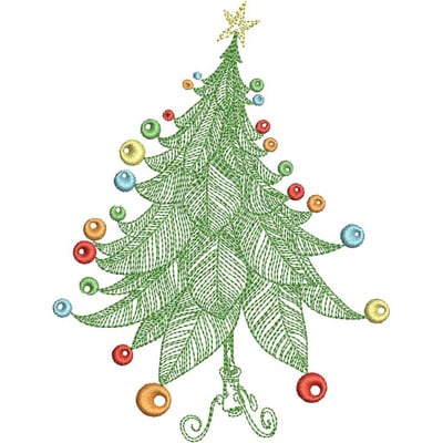 An embroidery design of a stylized Christmas tree adorned with colorful ornaments and topped with a star.