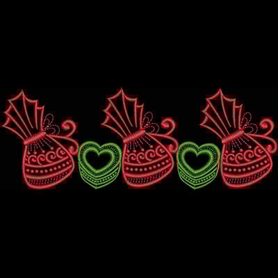 An embroidery design of three decorative bags in red, each adorned with swirls, paired with green and red hearts in between.