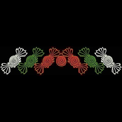 An embroidery design of a floral motif featuring swirling roses in red, white, and green, interspersed with leaf details.