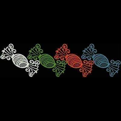 An embroidery design of colorful, decorative candy pieces arranged in a playful pattern.