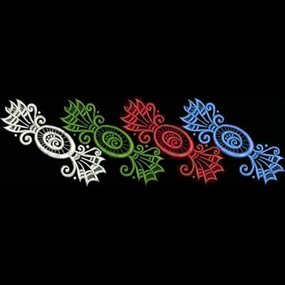 An embroidery design of decorative candy motifs in white, green, red, and blue, featuring swirling patterns and leaf accents.