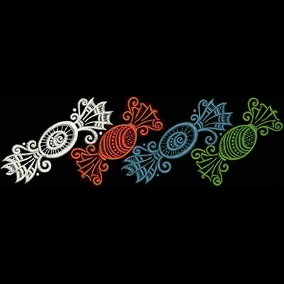 An embroidery design of colorful candy shapes featuring intricate swirls and details in white, red, blue, and green.