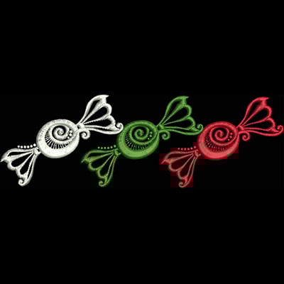 An embroidery design of three whimsical candies in white, green, and red, featuring playful swirls and decorative elements.
