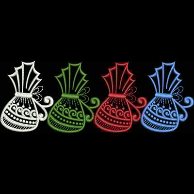 An embroidery design of four ornate teapots in white, green, red, and blue, featuring detailed embellishments and curvy lines.
