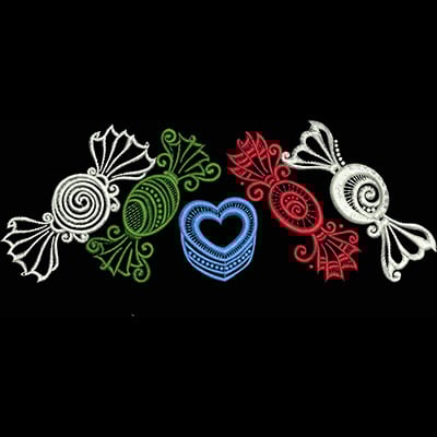 An embroidery design of colorful candy motifs featuring swirls, hearts, and leaves in white, green, red, and blue.