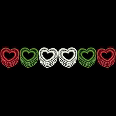 An embroidery design of alternating layered hearts in red, white, and green.