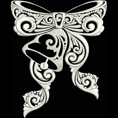 An embroidery design of an ornate bow with intricate scrollwork and a decorative bell at its center.