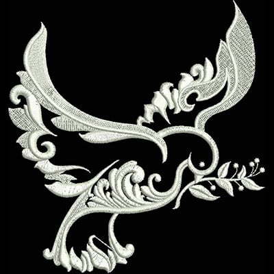 An embroidery design of a stylized bird adorned with intricate floral and swirling patterns.