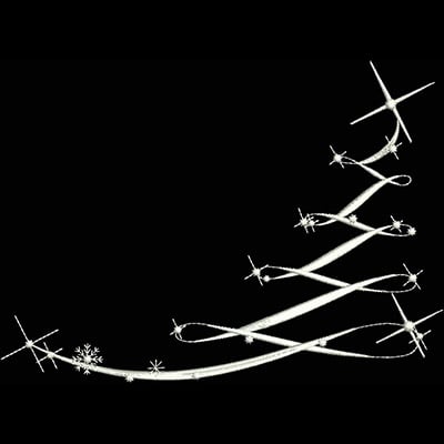 An embroidery design of a stylized, swirling Christmas tree made of delicate, flowing lines and scattered snowflakes.