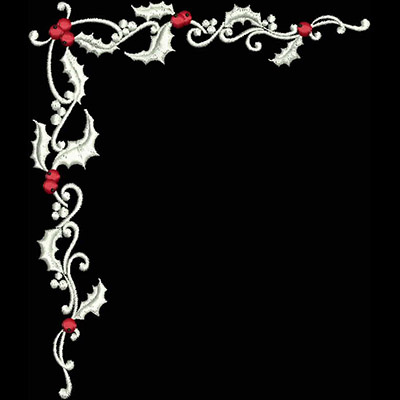An embroidery design of a decorative corner featuring holly leaves, berries, and elegant swirling vines.