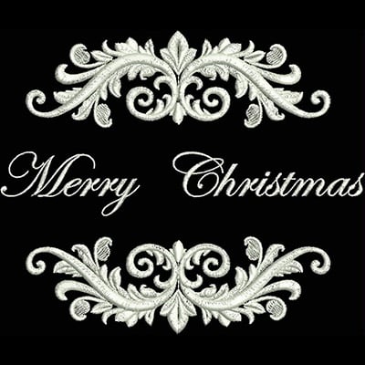 An embroidery design of ornate flourishes surrounding the text "Merry Christmas" in an elegant script.