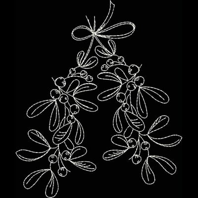 An embroidery design of delicate mistletoe branches adorned with berries and leaves, tied with a bow.