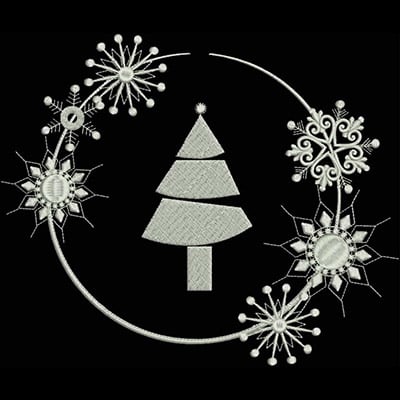 An embroidery design of a stylized Christmas tree surrounded by intricate snowflakes.