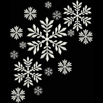 An embroidery design of various intricate white snowflakes in different sizes and styles, creating a winter-themed motif.