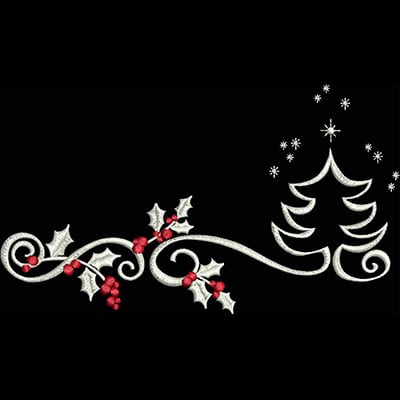 An embroidery design of a whimsical Christmas tree surrounded by holly leaves and red berries, accented with snowflakes.